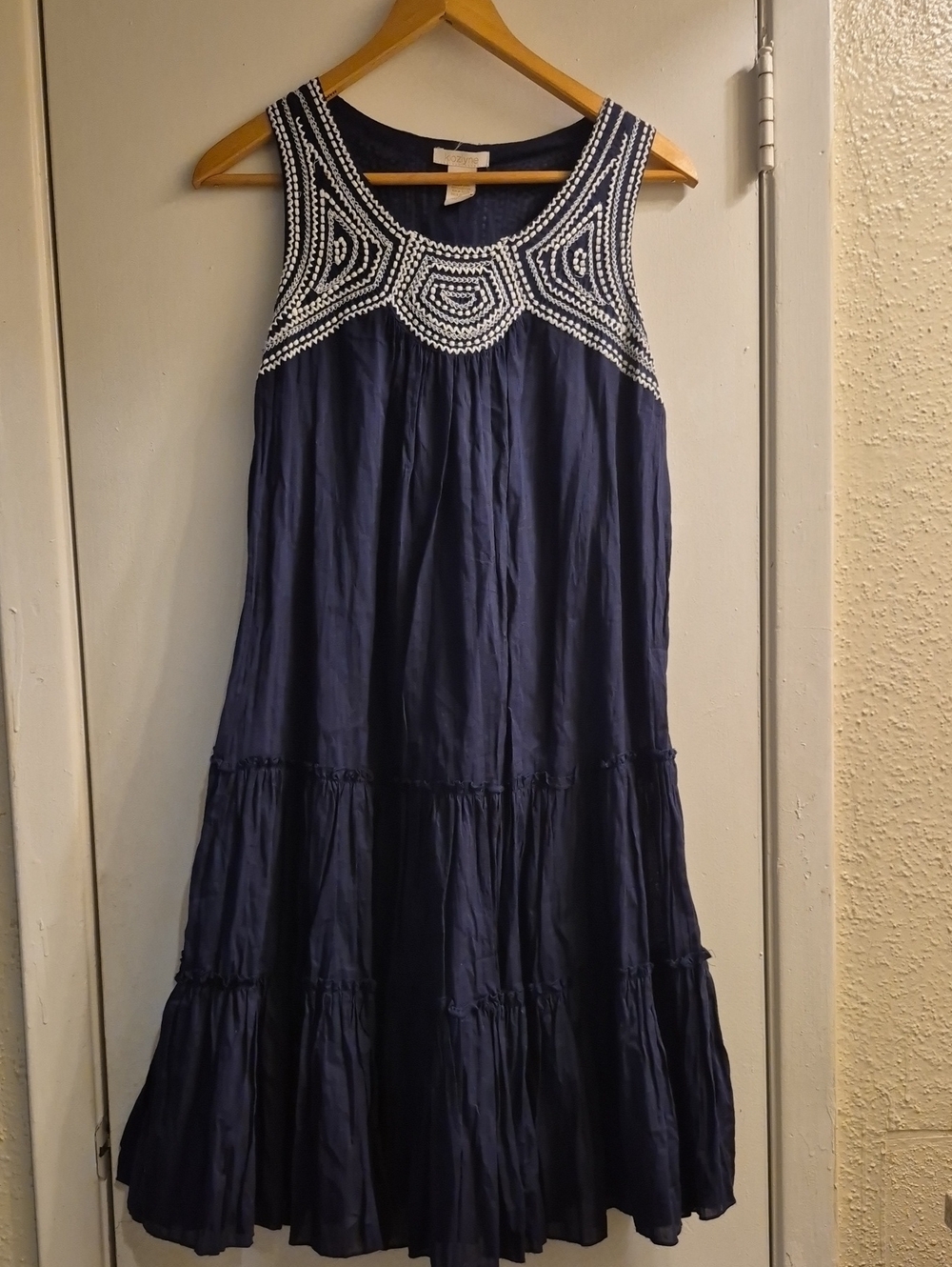 Sleeveless Navy Maxi Dress with White Embroidered Yoke